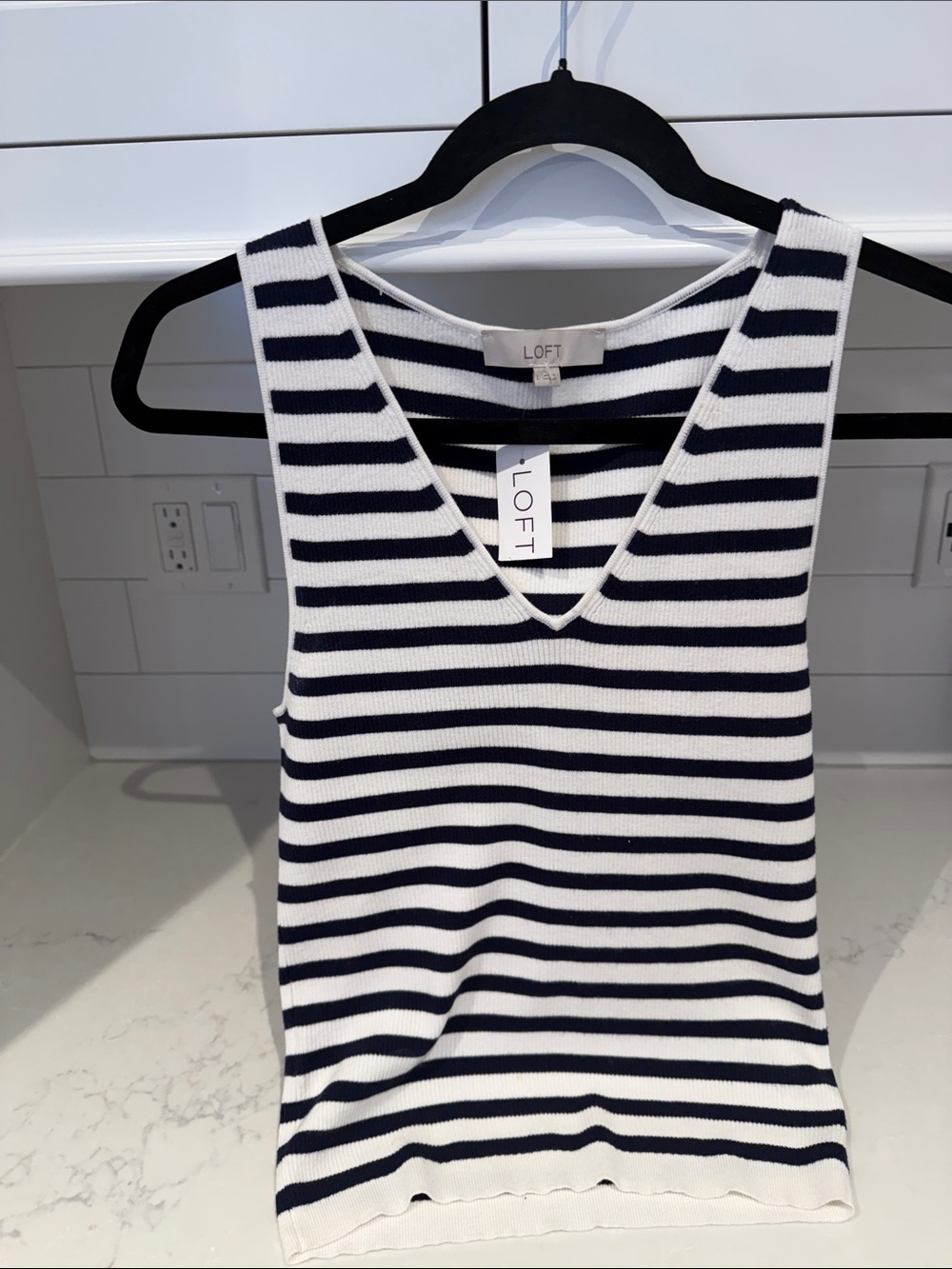 LOFT Black and White Striped V-Neck Tank Top